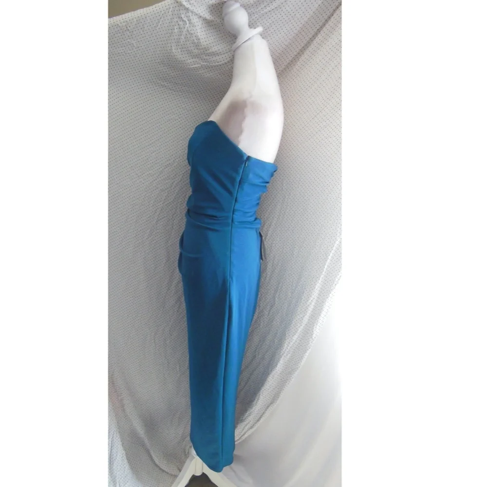 NWT Katie May DARK TEAL Ashun STRAPLESS Ruched Back CUTOUT Slit MIDI DRESS M - Picture 5 of 8
